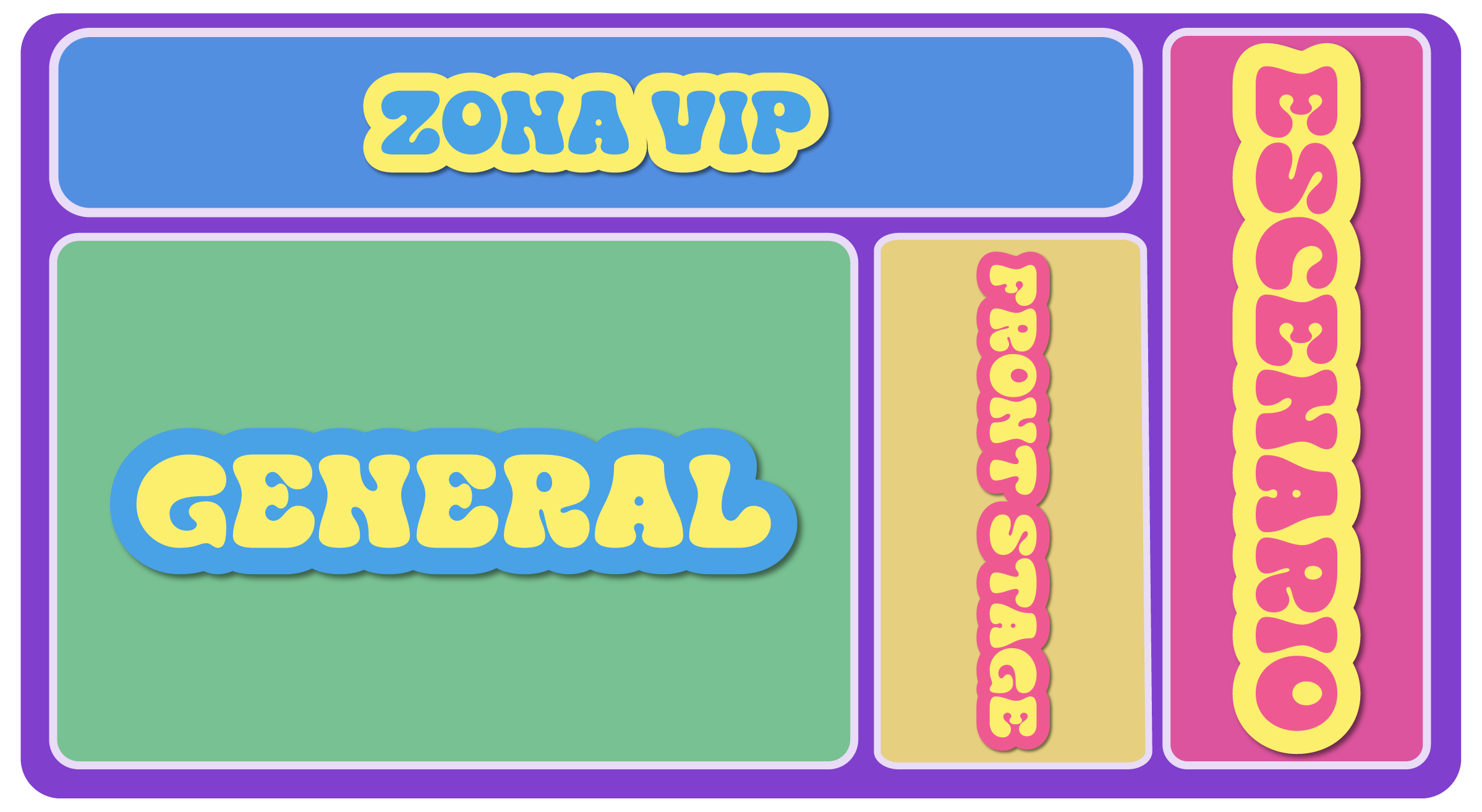 Plano del recinto: Zona VIP en plataforma elevada al fondo · zona General delante · Front Stage pegado al escenario
