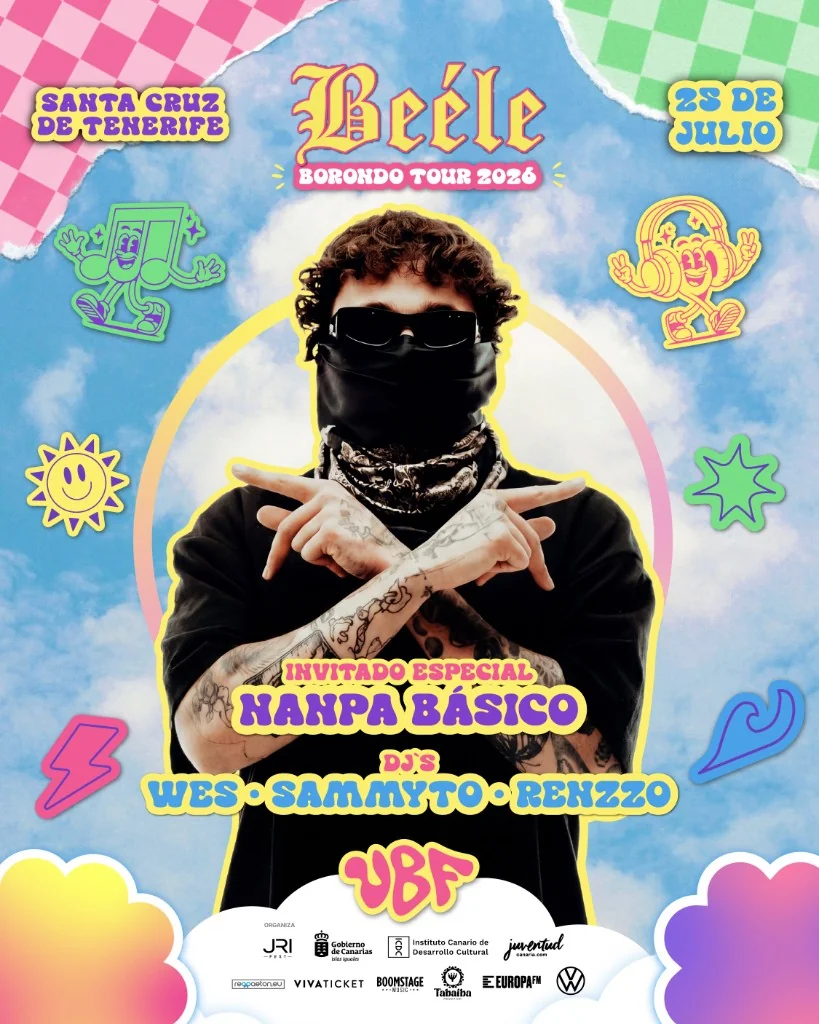 Cartel oficial · Beéle · Borondo Tour 2026 · Invitado especial Nanpa Básico · DJs Wes, Sammyto y Renzzo · 25 julio · Santa Cruz de Tenerife